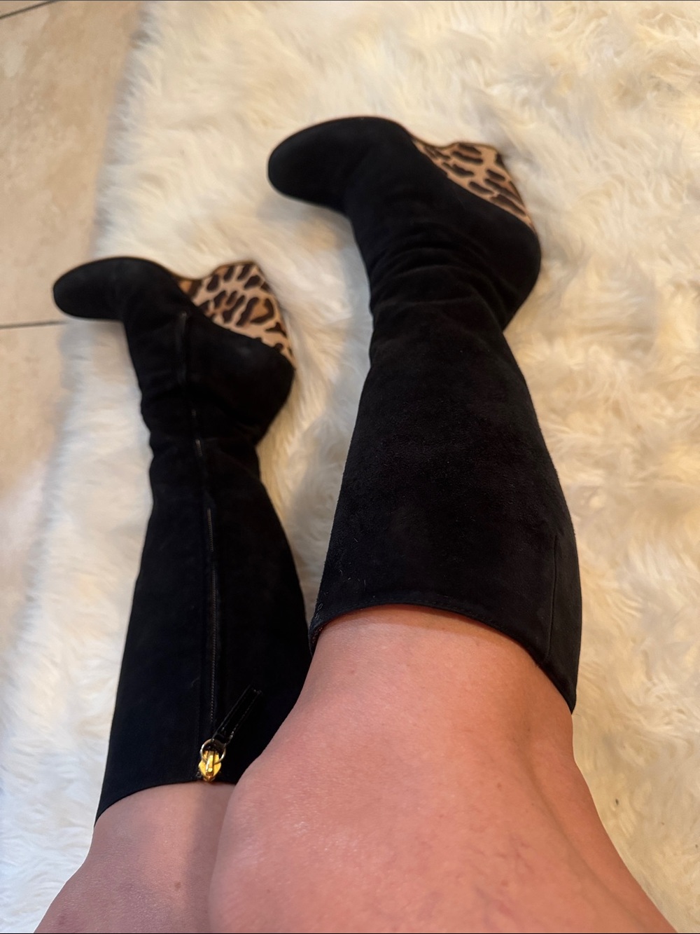 Black Suede Wedge Boots with Leopard Accent by Giuseppe Zanotti